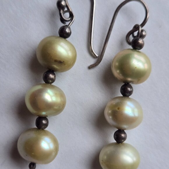 Vintage sterling Silver Genuine Pearl Drop Earrings - Picture 6 of 6